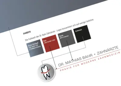 Corporate Design einer Zahnarztpraxis in Hamburg. Zu sehen ist ein Ausschnitt eines Corporate Design Manuals, Definition von Farben des Logos.