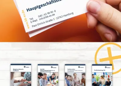 Kreative Geschäftsausstattung mit Visitenkarte, Briefpapier und Flyer in abgestimmten Farben im Corporate Design